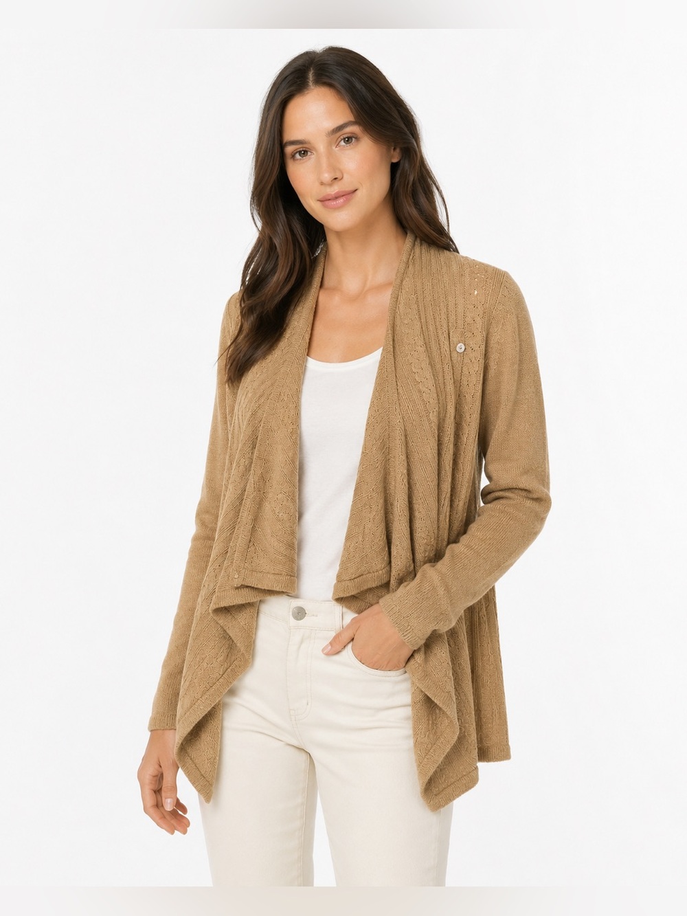 New York & Company Open-Front Draped Cardigan in Tan